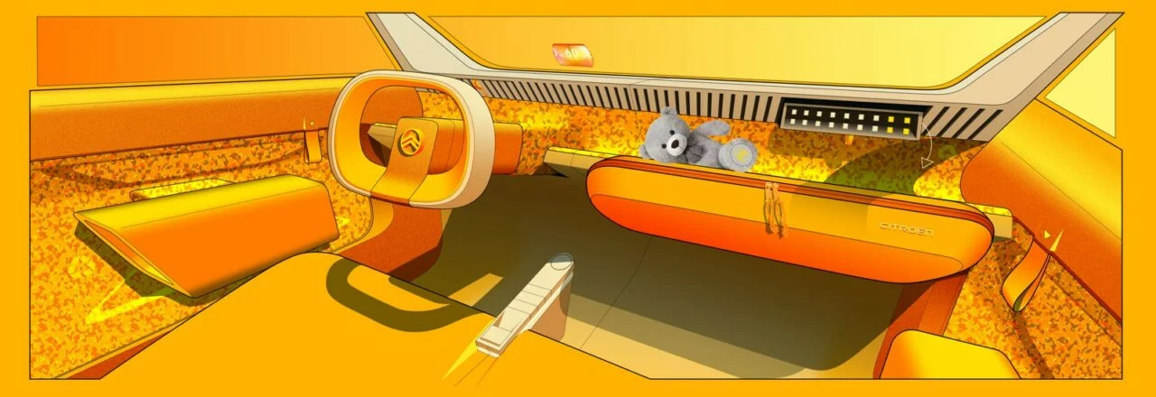Boceto oficial del habitáculo amarillo del Citroën 2 CV Concept